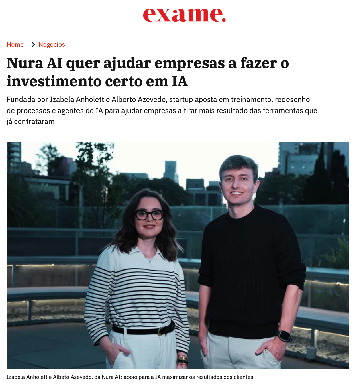 Matéria da Exame sobre a Nura AI, Izabela Anholett e Alberto Azevedo